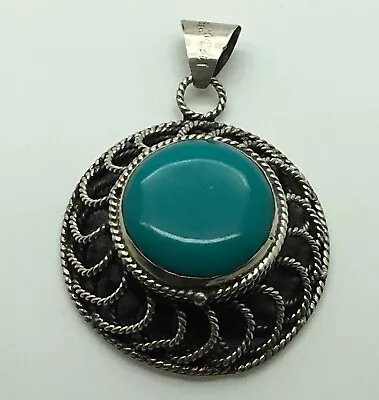 Sterling Silver Faux Turquoise Pendant Rope Design Round  Open Work Mexican  • $39.99