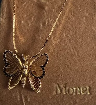Lovely Monet Vintage Gold Tone Butterfly Pendant Necklace • $16.87