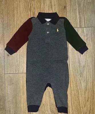£12.99 • Buy Ralph Lauren Baby Boys Grey Navy Collar Bodysuit Romper BABYGROW Sleepsuit 6-18