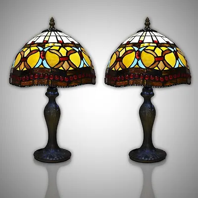 £113 • Buy Pair Of Tiffany Table Lamps 10  Shade E27 Bulb LED Antique Multicolour Art UK