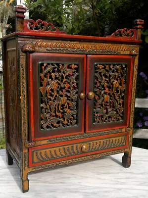 Antique Folk Art Carved Wood Hand Painted Table Top Cabinet C1900 • $616.32