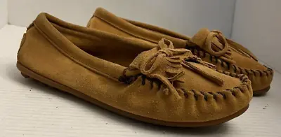 Minnetonka Moccasins 407T Women 9.5 40 Taupe Kilty Suede Softsole Fringe Shoes • $19.08