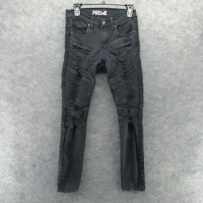 Preme Jeans Mens 28x32 Black Skinny Distressed Destroyed Moto Dark Stretch Denim • $18.99