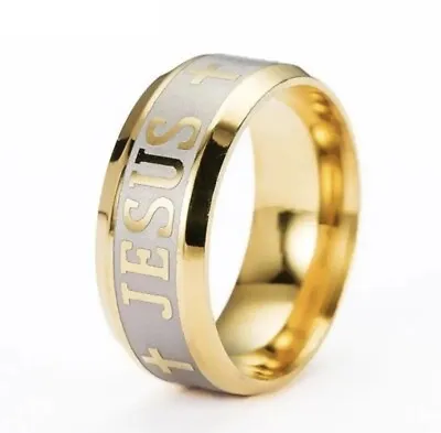 Jesus Cross Ring 18k Gold Plated Stainless Steel High Quality 8mm Size Q NEW • £5