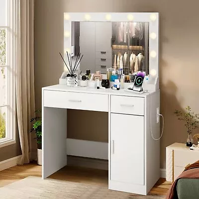 Vanity Desk With Lighted Mirror & Power Outlet White Makeup Vanity Desk+Drawers • $168.99