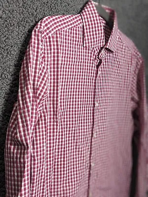 Hugo Boss Sharp Fit Burgundy Maroon Tattersall Check Long Sleeve Shirt 15 1/2 • $14.96