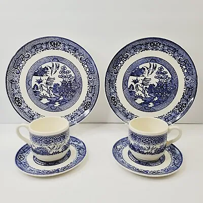 6 Pc Vintage USA Blue Willow Dinnerware Dinner Plate Saucer Cup Ceramic Dishes • $55