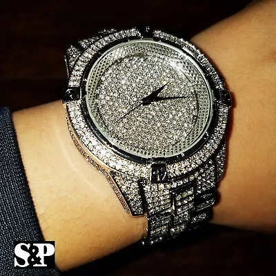 Men Hip Hop White Gold Plated Iced Lab Diamond Bling Rapper Metal Band Watch • $29.99