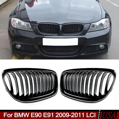 Pair Gloss Black Front Kidney Grille Grill For BMW E90 E91 328i 335i 2009-11 LCI • $28.49