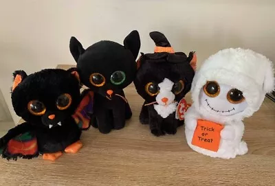 Lot Of 4 Ty Beanie Boos - Witchie + Shadow Cat + Scarem Bat + Mist Ghost 15cm • $39.95