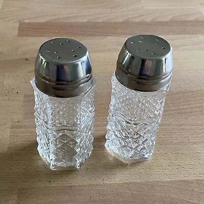 Vintage Wexford Diamond Salt And Pepper Shakers Set Clear Glass Metal Screw Tops • $16