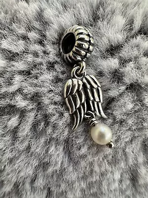 Pandora Sterling Silver Angel Wings Pearl Dangle Charm 790975P • £18