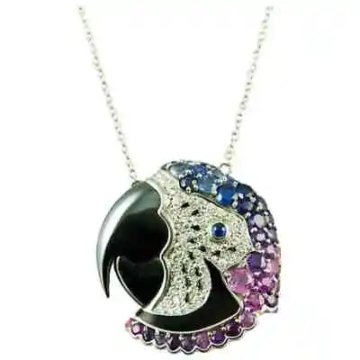 Sapphire Diamond Hematite Parrot Salavetti Designer Signed Platinum Necklace • $14950