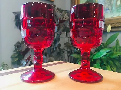 Viking Glass Georgian Ruby Red Honeycomb 4 Oz Water Wine Stem 2 Goblets Glasses • $18