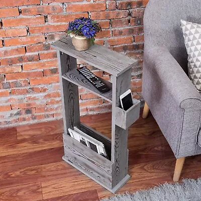 Vintage Grey Wood Side Table Magazine Holder Solid Wood Floor Shelf End Table • $84.99