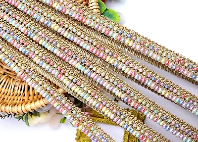 2 Yrds Fine Edging Lace Multi Colour Drop Shape Beaded Zari Embellishment Sew On • £6.99
