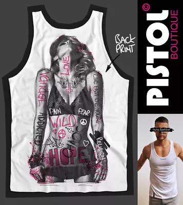 Pistol Boutique Men's White GRAFFITI TATTOOS GIRL Back Print Vest Singlet Tank • £25.19