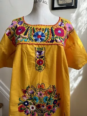 Vintage Mexican Dress Womens Large Yellow Floral Hand Embroidered Boho Oaxacan • $55