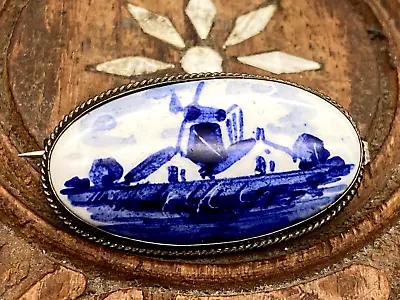 Vintage Delft Porcelain Brooch In 925 Solid Silver Metal Mount Blue White • £102