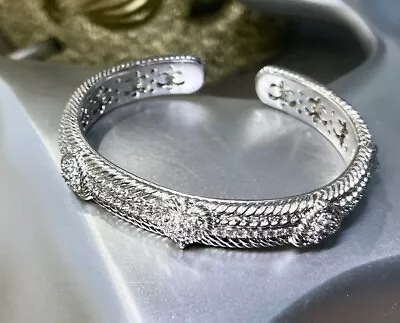 JUDITH RIPKA STERLING SILVER HEART PAVE HINGED CUFF BRACELET 48 Grams • $105