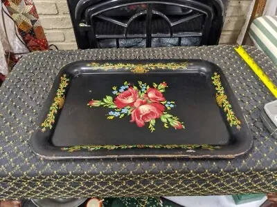 Vintage Metal Bed Tray Black With Floral Design Farmhouse Shabby Chic • $19