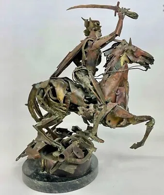 BRUTALIST MCM METAL SCULPTURE BY HY SNELL SAMURAI ON HORSE MONUMENTAL  28 Lbs • $1179