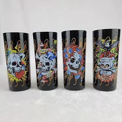 Ed Hardy Skull Glasses Skinny Tumblers Black Tattoo Set Of 4 Flowers Ink 16 Oz • $18.98