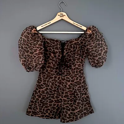 Ladies Missguided Leopard Print Puff Sleeve Lace Up Party Playsuit Size 6 • £2.49