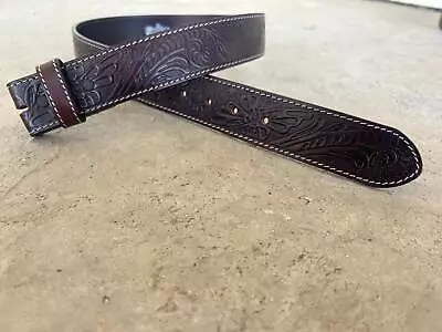 Dark Brown Tooled Leather Snap Belt Strap - 100% Full Grain Western Style - Cow • $34