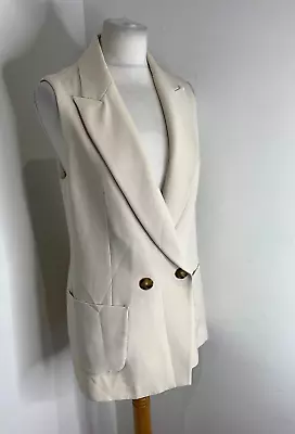 ZARA Long Sleeveless Waistcoat Coat M VGC Blazer Jacket Smart Cream Classic • £22.35