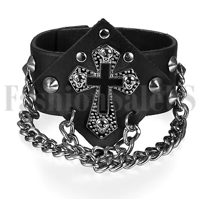 Punk Men's Wide Spike Revit Leather Skull Cross Belt Bracelet Wristband Bangle • $10.99