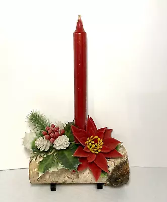 Candle Holder Yule Log GrannyCore Wood Centerpiece Flocked Poinsettia Holly Vtg • $17.88