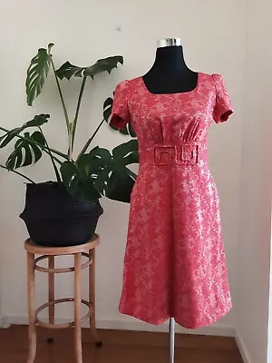 $30 • Buy Judy Hua Designer Red Square Neck Floral Brocade Satin Dress Pocket Puff Sleeve