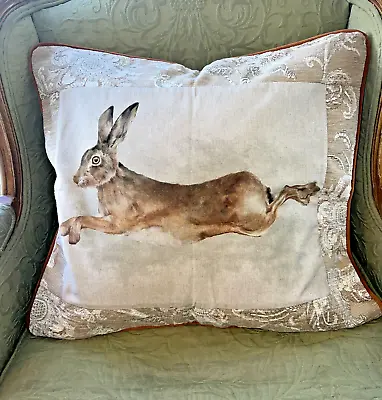 Hand Painted Bunny Rabbit Hare Easter Pillow Velvet Beige Throw Decorative 23x21 • $79.99