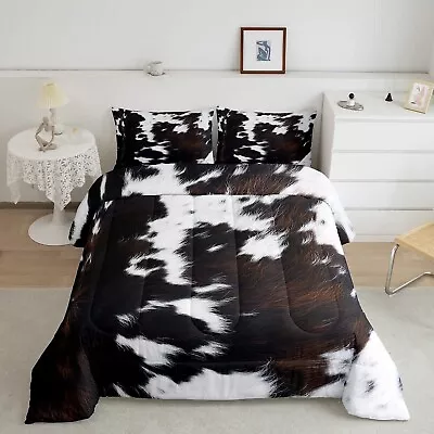 Brown Cowhide Comforter Set QueenBlack White Aztec Cow Print Bedding Set Wes... • $94.18