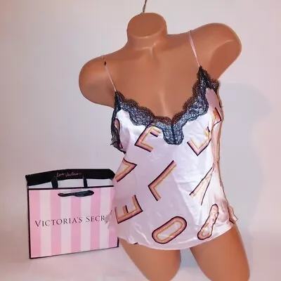 Victoria Secret Camisole Tank Top Sleepwear Love Print Black Pink Lace Satin New • $28.49