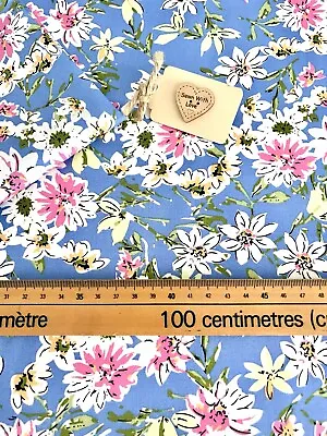 100% Cotton Poplin Fabric Floral Flowers Daisy Vintage Blue Pink Rose & Hubble • £6.99