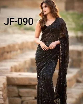 £30.99 • Buy Georgette Silk Embroidery Sequence Saree Indian Bollywood Party Wear Black Sari
