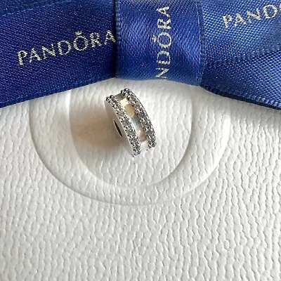 Authentic Sterling Silver Pandora Double Lined Pave CZ Clip Charm #798422C01 • £30.69