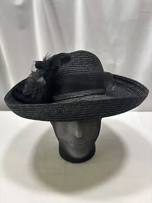 Miss Bierner Vintage All Black Straw Hat Feathers & Net Decor Church Funerals • $15