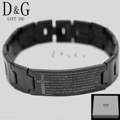 DG Men's 8  Stainless SteelBlackBIBLE VERSES CROSS Lord Prayer.ID Bracelet*Box • $13.99