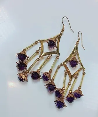 Vintage Style Statement Chandelier Gold Tone Purple Beaded Earrings • £5.99