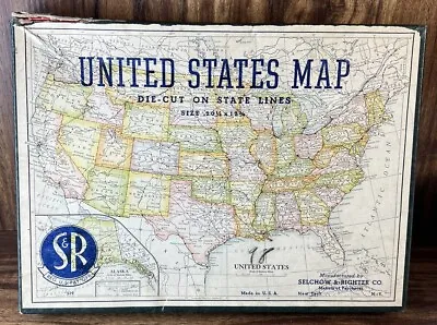 Vintage Antique Selchow & Righter Co. United States Map 21 X 13 Die-Cut Puzzle • $18.36