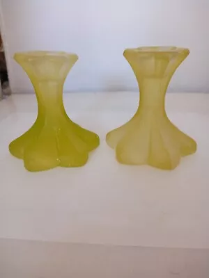 Vintage Frosted Yellow Green Glass Petal Flower Base Candlestick Holders 4  • $15.99