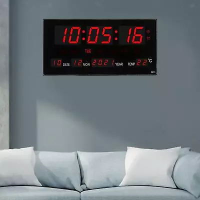 Large Digital Wall Clock With Day Date LED W/ Temperature 12/14H Alarm Clocks • £24.02