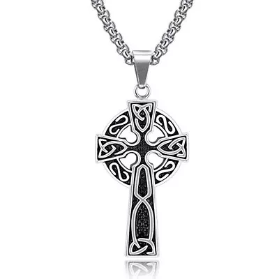 Mens Stainless Steel Irish Celtic Knot Cross Pendant Necklace Silver Men • $10