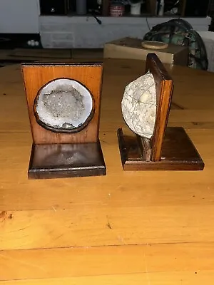 Vintage Handmade Wooden & Geode Bookends-5 Lbs-5.25x5.75x7”! • $25