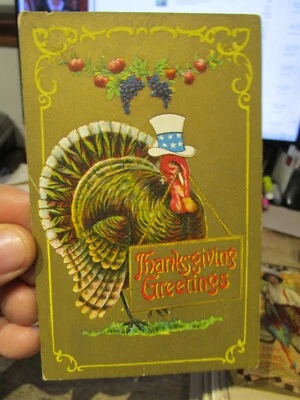 $1.99 • Buy Old HAPPY THANKSGIVING DAY Postcard Turkey Uncle Sam Top Hat Patriotic Grapevine