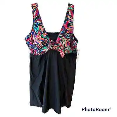 $46.99 • Buy Swimsuits For All Swim Dress Swimsuit Leaf Print Black Halter Plus 22 Tags