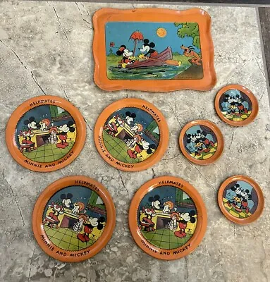 1930's Ohio Art 8 Piece MICKEY'S HELPMATE Tin Litho Plates  Mickey Mouse Rare!! • $60